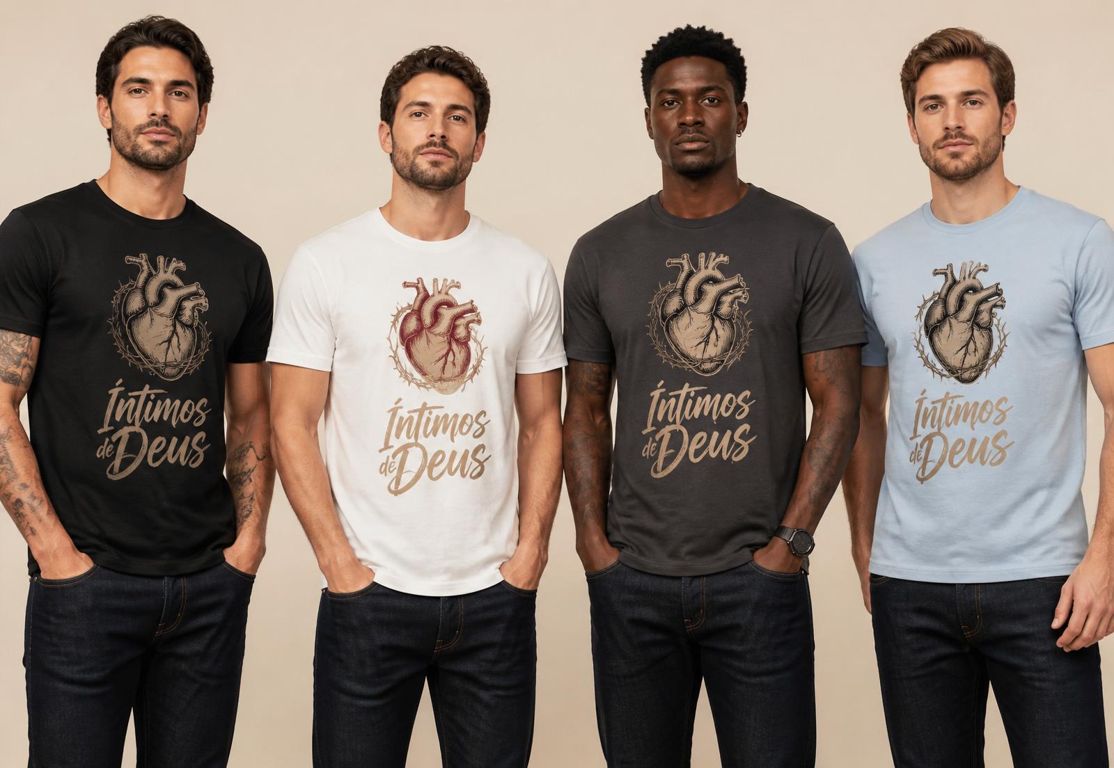 Coleção Íntimos de Deus — quatro camisetas premium